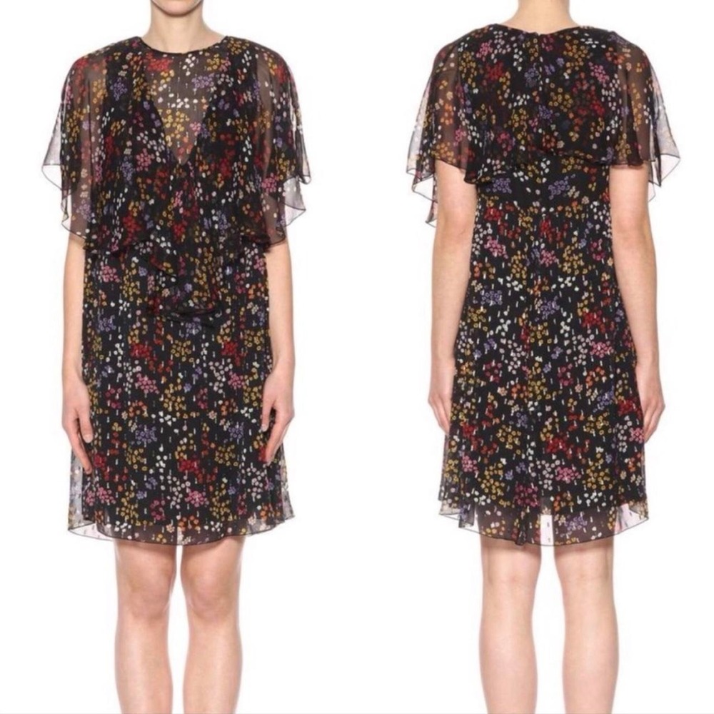 See by Chloé 100% Silk Chiffon Black Multicolor Floral Dress Red Yellow Designer - Picture 3 of 8